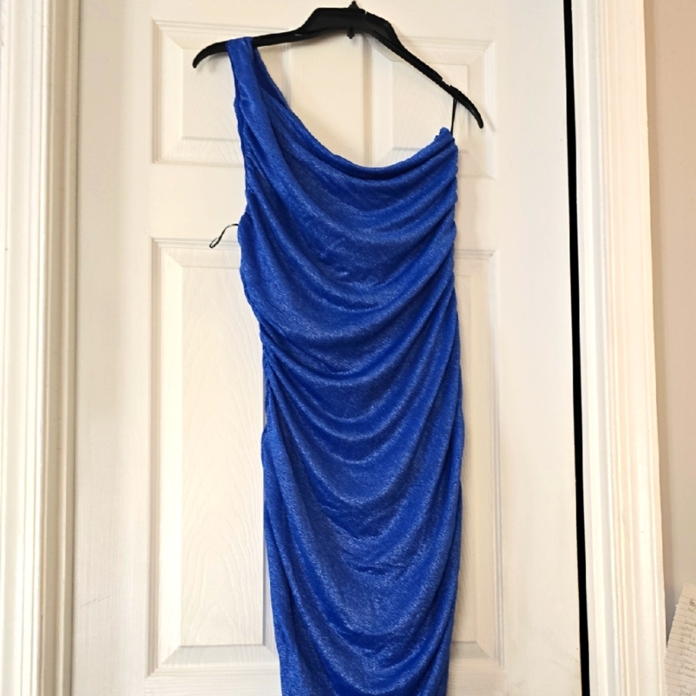 Elegant Blue Draped Women's Dress,